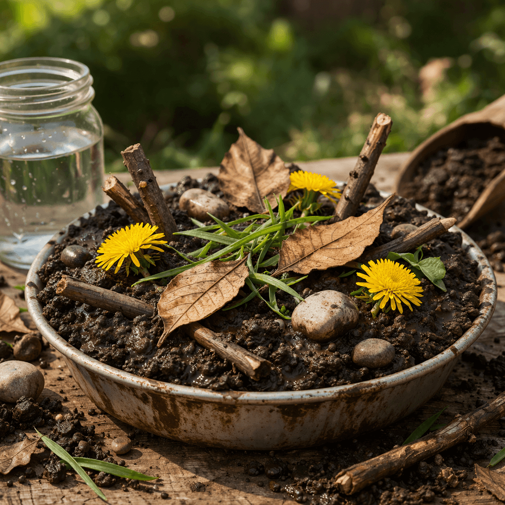 funny image depicting a totally all natural chocolate pie but made with dirt, mud, rocks, flowers, sticks, etc.
