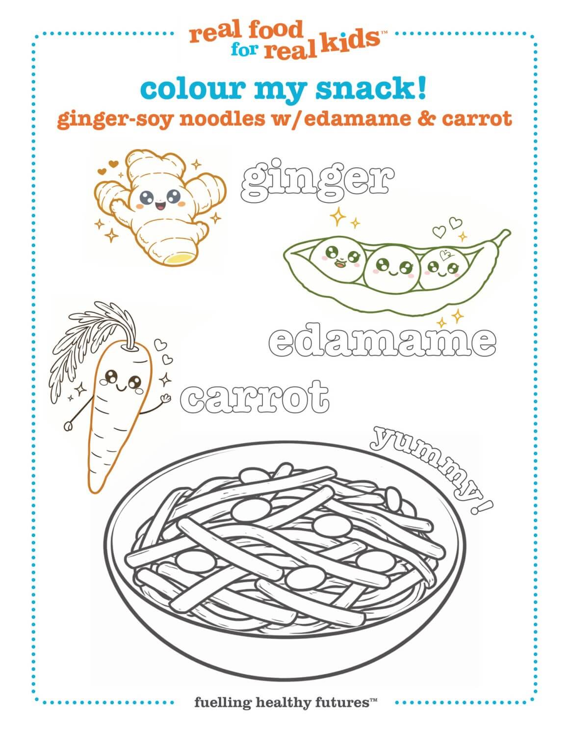 snacktivity / colouring page depicting bowl of ginger-soy noodles w/ edamame, carrot and ginger characters for colouring