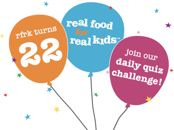colourful confetti and bright balloons celebrate real food for real kids' 22nd birthday & promoting the daily pop quiz challenge