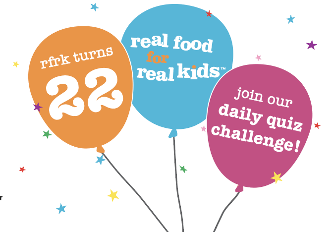 colourful confetti and bright balloons celebrate real food for real kids' 22nd birthday & promoting the daily pop quiz challenge