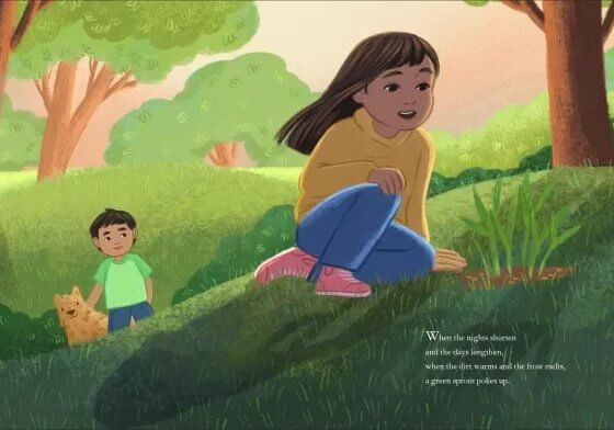 when we gather banner depicting young girl and family member observing spring onions growing through the ground