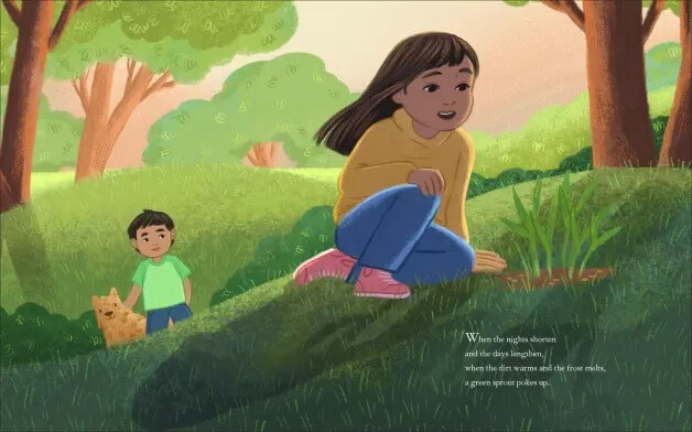 when we gather banner depicting young girl and family member observing spring onions growing through the ground