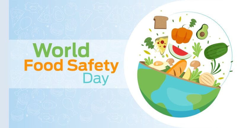 world food safety day banner depicting artwork of "world food safety day" next to bowl with globe pattern filled with food