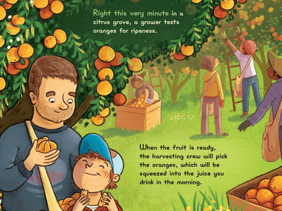 inside artwork right this very minute kids book showing illustration of citrus farmers and adult and child