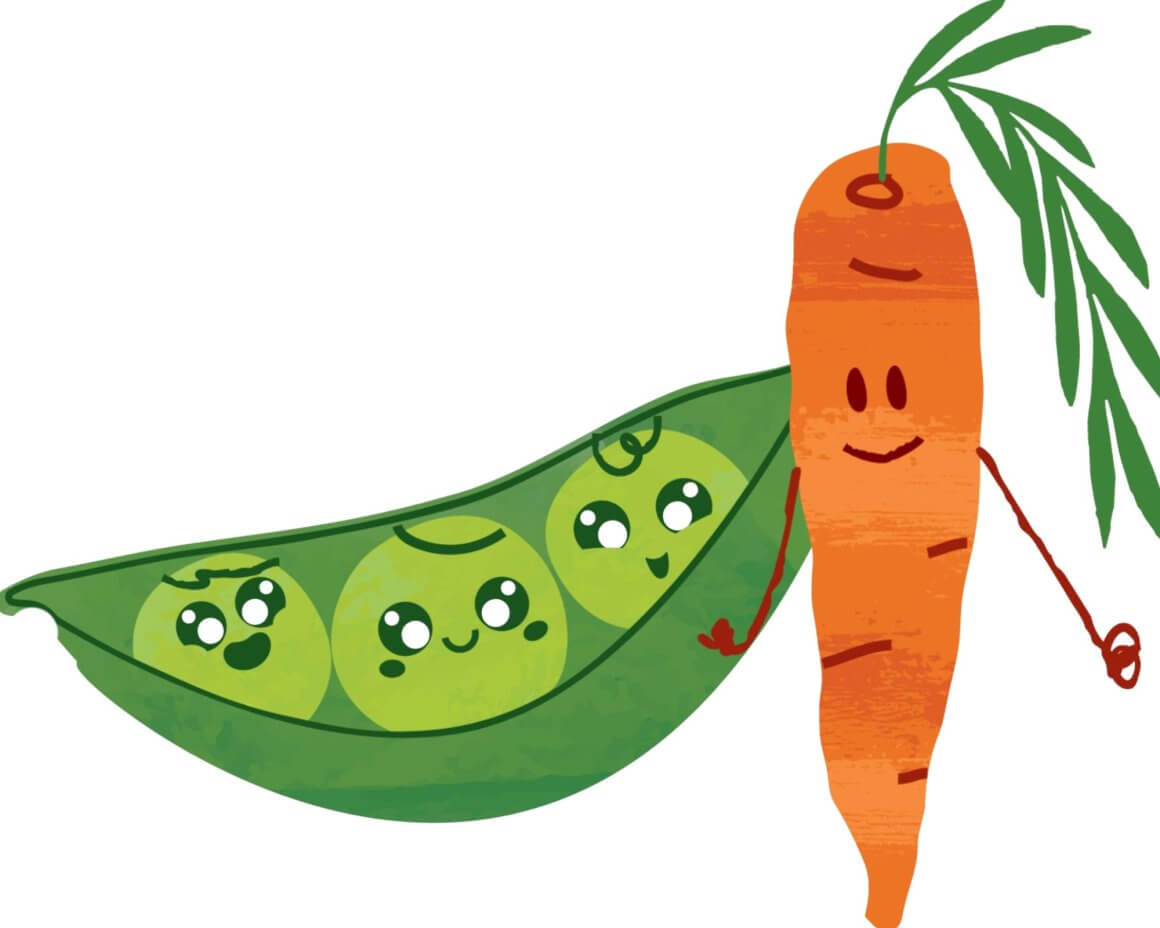 name my veggie buddies for a chance to WIN! 2 carrot pea pods combination