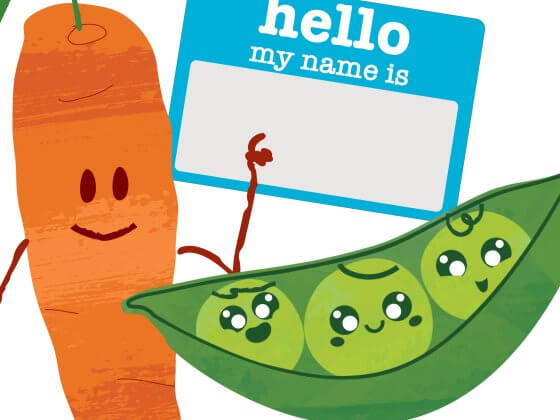 carrot & pea pod buddies hang out in front of a blank name tag