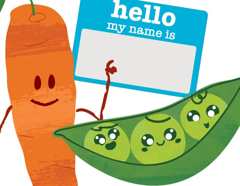 carrot & pea pod buddies hang out in front of a blank name tag