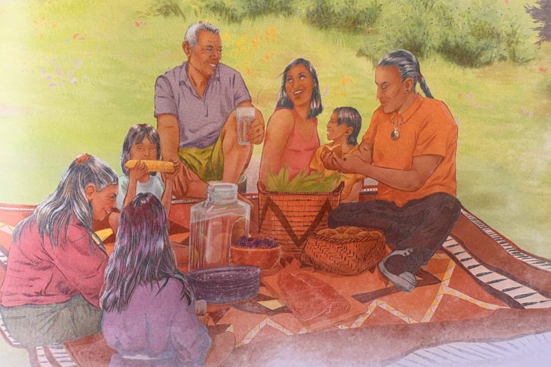 inside cover art for the great gathering place book depicting Indigenous people enjoying a feast
