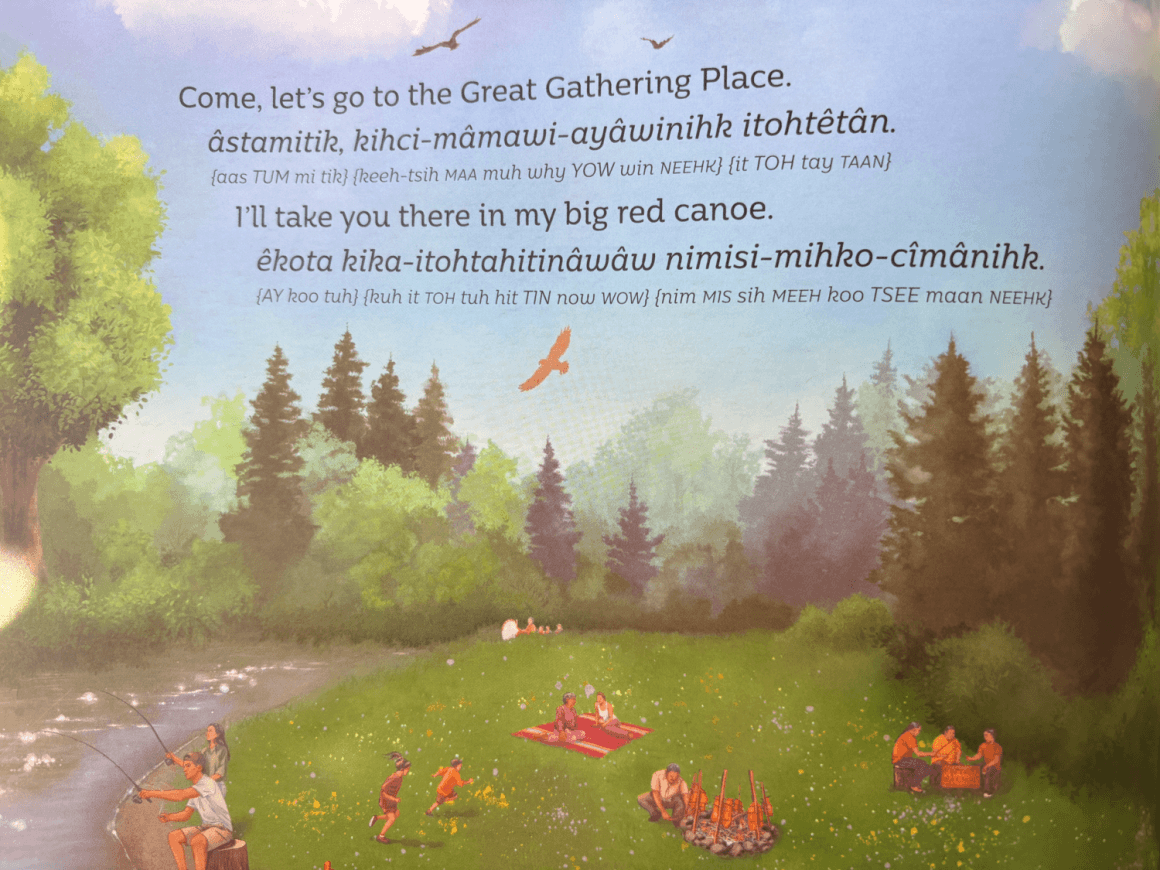 inside cover art for the great gathering place depicting Cree and English dialogue and illustration of Indigenous people gathering outdoors