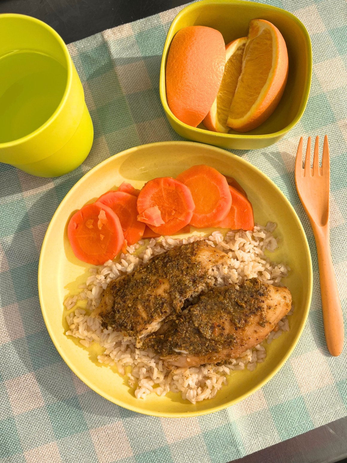 recipe release: provençal fish! 1 provencal fish, brown rice, steamed carrots and orange on yellow plate