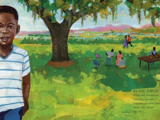 inside the gathering table book art depicting boy in the foreground and his family's gathering table in the background