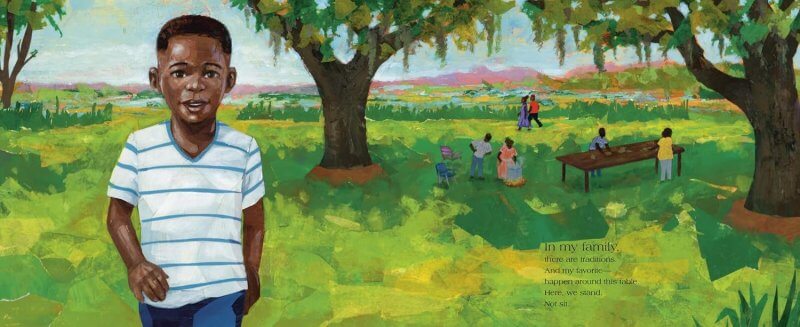 inside the gathering table book art depicting boy in the foreground and his family's gathering table in the background