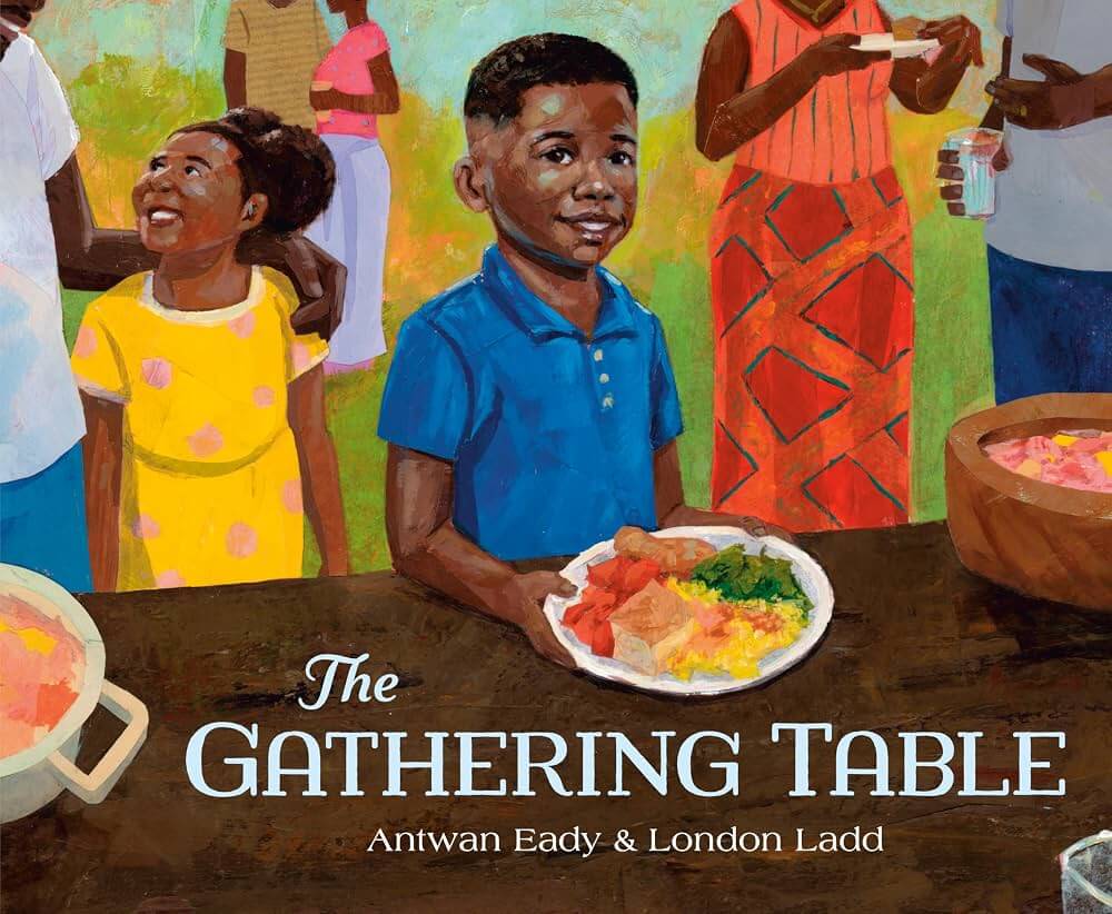 the gathering table cover art depicting boy his family in front of a plate of food 