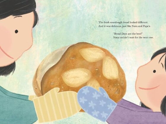 inside cover art for bread days by hannah chung showing a mom and daughter holding up a loaf of sourdough bread