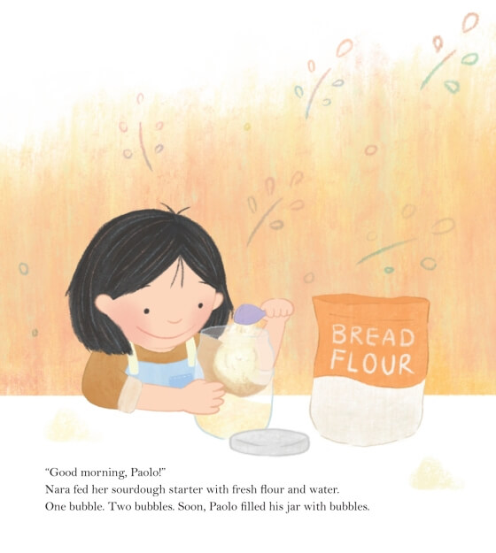 bread days 2 inside book art of bread days by hannah chung depicting young girl with flour about to make bread illustration